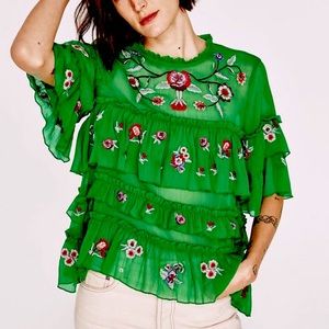 Zara Green Ruffled And Embroidered Boho Top
